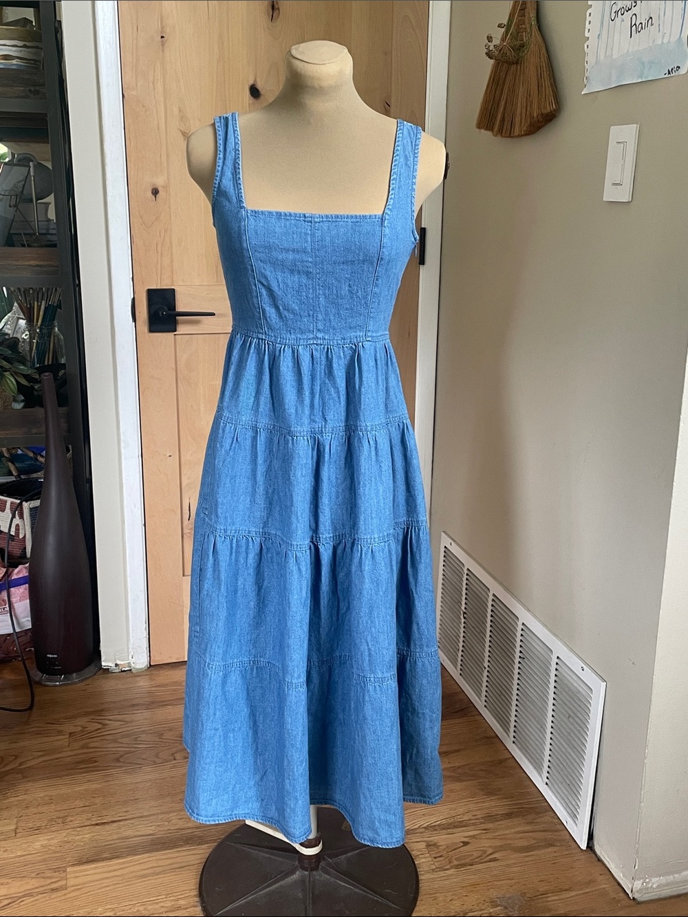 J. Crew Light Blue Denim Square-Neck Tiered Maxi Dress